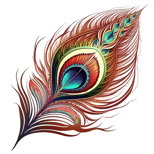 A vibrant and intricately designed peacock feather, representing Lord Krishna’s grace and spirituality, featuring rich colors and artistic details.