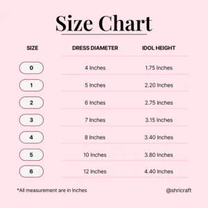 Laddu Gopal dress size chart showing dress diameter and idol height measurements in inches, ranging from size 0 to size 6. The chart helps select the right attire for Laddu Gopal idols.