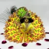 Yellow Laddu Gopal dress with floral embroidery, glittering embellishments, and matching accessories.