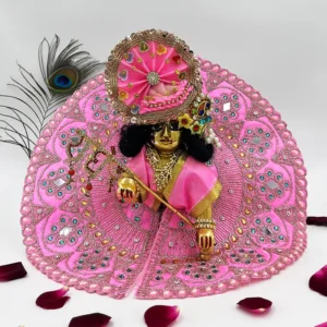 Pink Laddu Gopal dress with intricate embroidery, golden detailing, and sparkling embellishments.