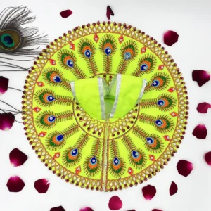 Peacock-themed Laddu Gopal poshak with intricate embroidery, bright green fabric, and bead embellishments.