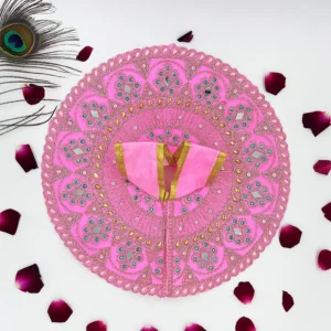 Handmade pink Laddu Gopal poshak with floral embroidery, mirror work, and golden borders.