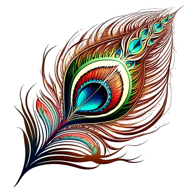 Divine Peacock Feather – Symbol of Lord Krishna’s Grace A vibrant and intricately designed peacock feather, representing Lord Krishna’s grace and spirituality, featuring rich colors and artistic details.