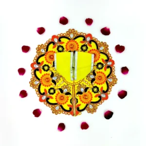 Handmade yellow floral silk Laddu Gopal dress displayed with detailed embroidery, silver accents, and rose petals for temple use.