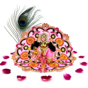 Laddu Gopal idol dressed in handmade pink silk floral dress with detailed embroidery and peacock feather.