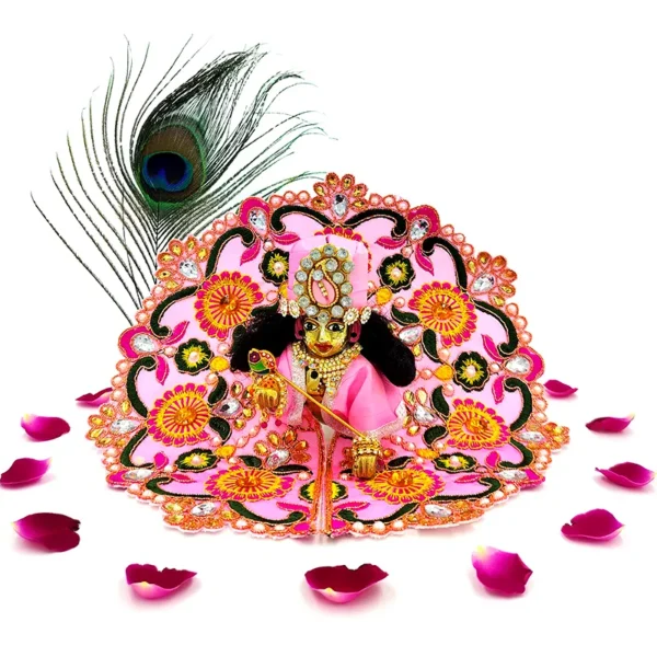 Laddu Gopal idol dressed in handmade pink silk floral dress with detailed embroidery and peacock feather.