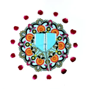 Sky blue silk Laddu Gopal dress with floral design shown flat, handmade for puja and festive use.