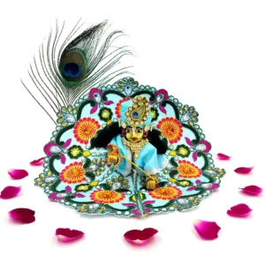 Laddu Gopal dressed in sky blue handmade silk poshak with floral embroidery and mukut, surrounded by rose petals.