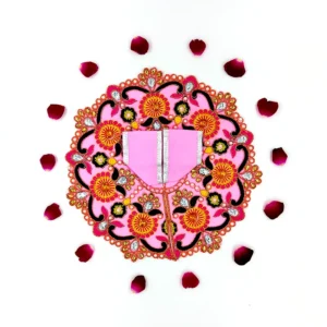 Flat lay view of handmade pink floral silk dress for Laddu Gopal with detailed embroidery and sequins.