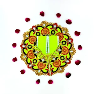 Flat lay of yellow-green handmade silk Laddu Gopal dress with floral embroidery, showing back-tie design and ornate detailing.