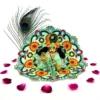 Laddu Gopal idol wearing a mint green floral silk dress with detailed embroidery, adorned with a peacock feather and rose petals.