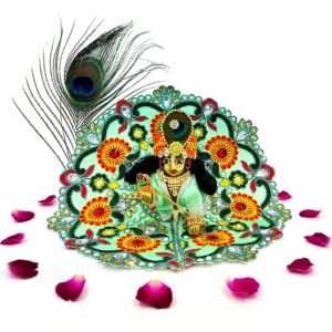 Laddu Gopal idol wearing a mint green floral silk dress with detailed embroidery, adorned with a peacock feather and rose petals.